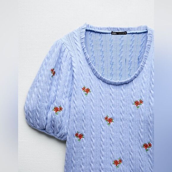 ZARA EMBROIDERED FLORAL CABLE KNIT TOP - Picture 13 of 13